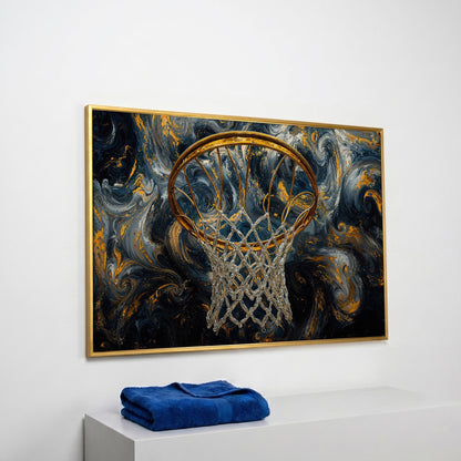 Basketball Hoop Canvas with Gold Rim and Silver Net in yellow gold floating frame