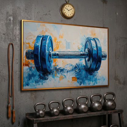 Barbell Abstract Canvas Print for Gym Decor in antique gold floating frame