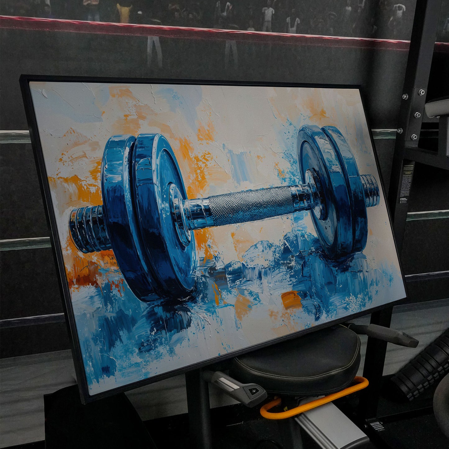 Barbell Abstract Canvas Print for Gym Decor in black floating frame
