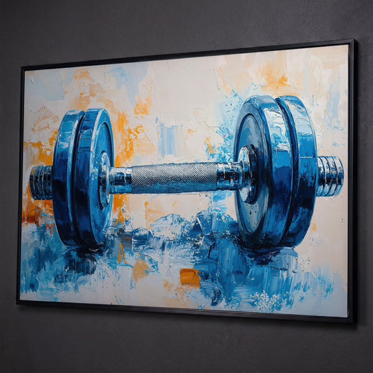 Barbell Abstract Canvas Print for Gym Decor shown in black floating frame