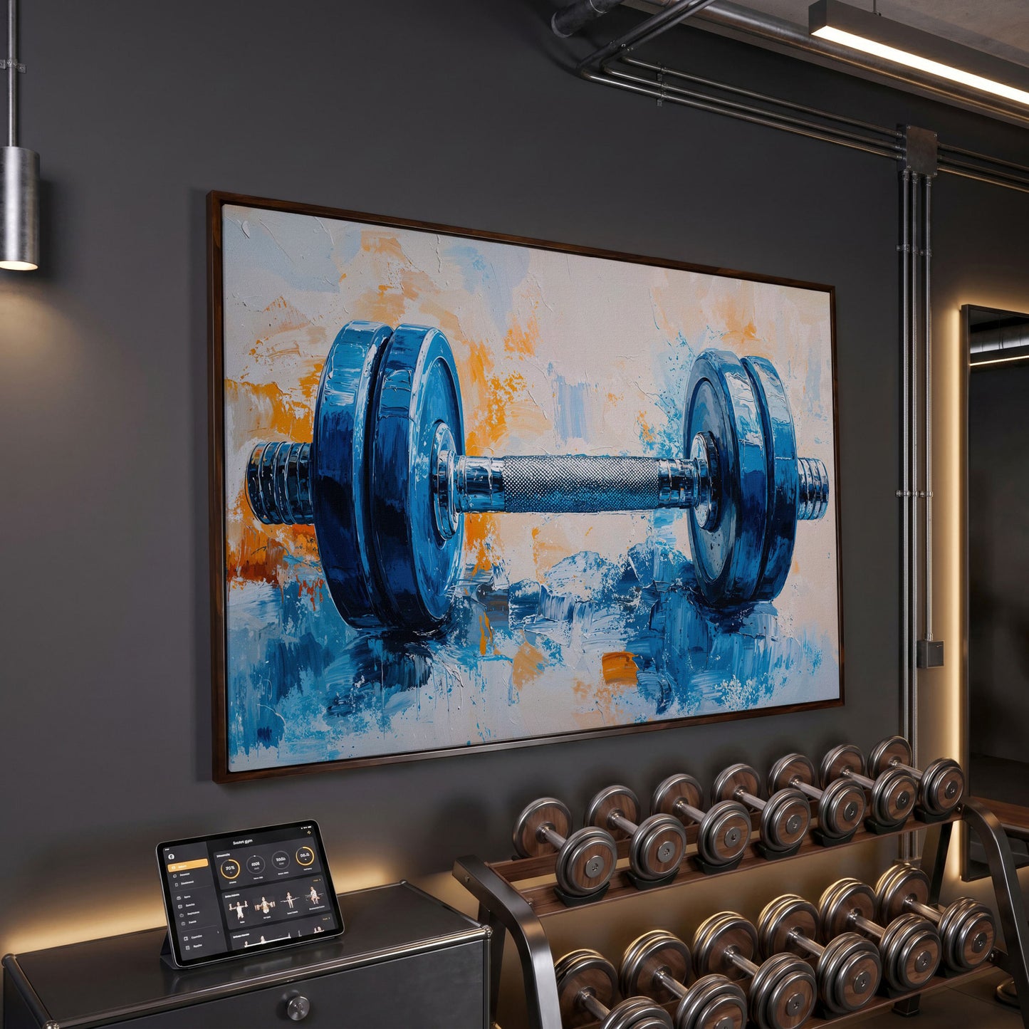 Barbell Abstract Canvas Print for Gym Decor in dark walnut floating frame