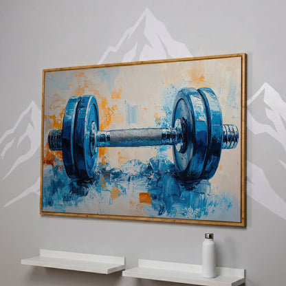 Barbell Abstract Canvas Print for Gym Decor in white oak floating frame