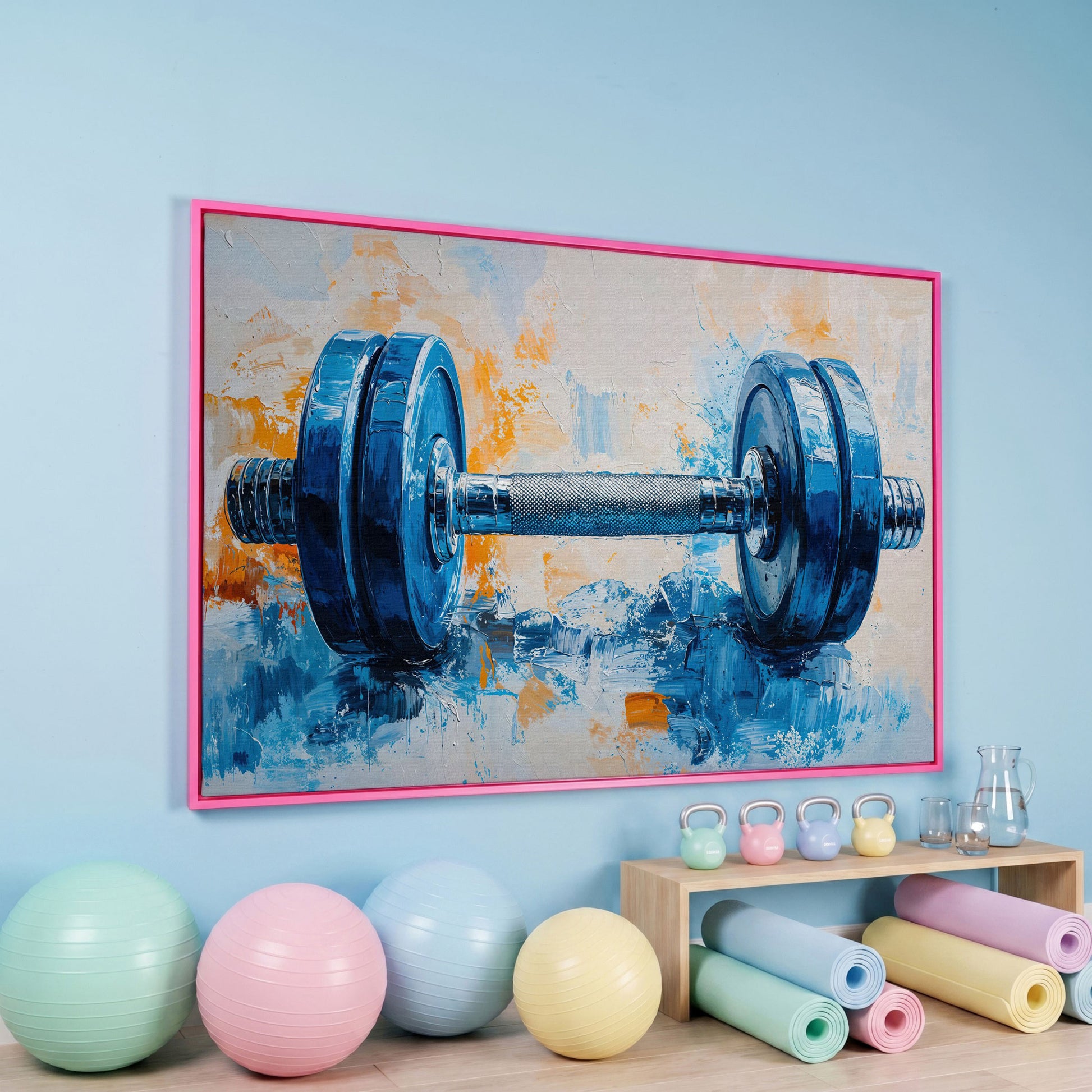Barbell Abstract Canvas Print for Gym Decor in pink floating frame
