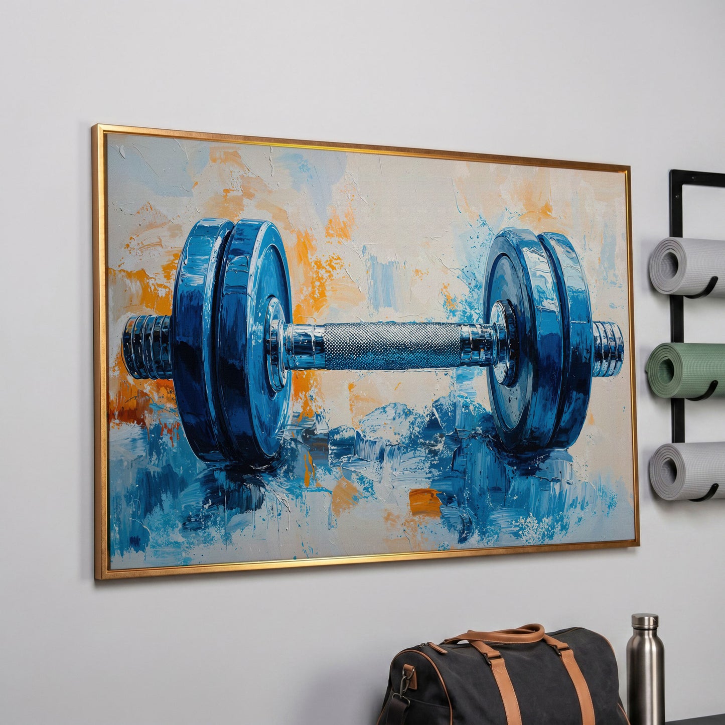 Barbell Abstract Canvas Print for Gym Decor in rose gold floating frame