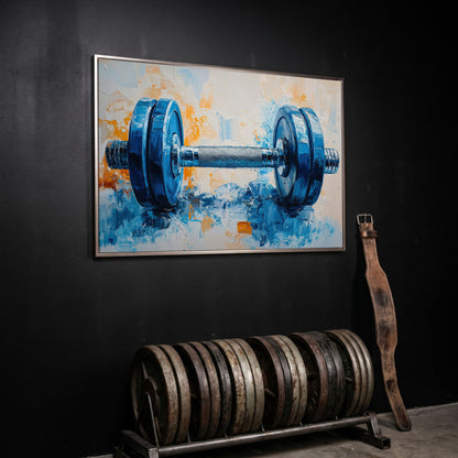 Barbell Abstract Canvas Print for Gym Decor in silver floating frame