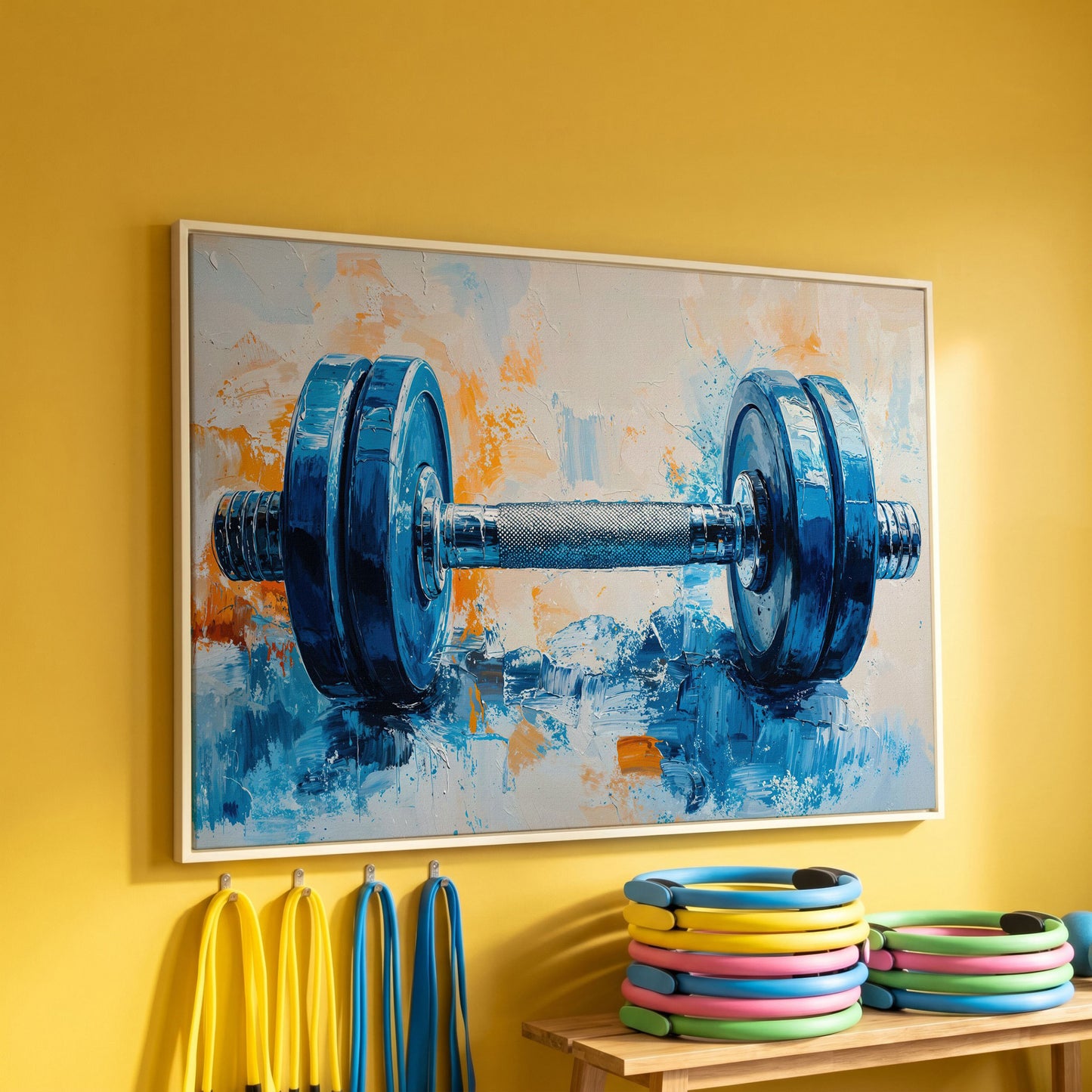 Barbell Abstract Canvas Print for Gym Decor in white floating frame