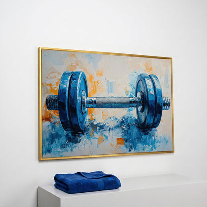 Barbell Abstract Canvas Print for Gym Decor in yellow gold floating frame