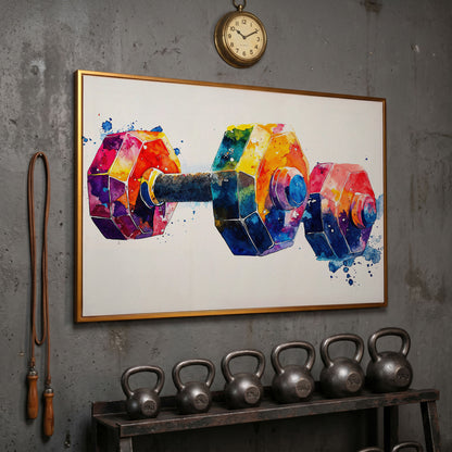 Abstract Dumbbell Canvas in Crimson and Teal in antique gold floating frame