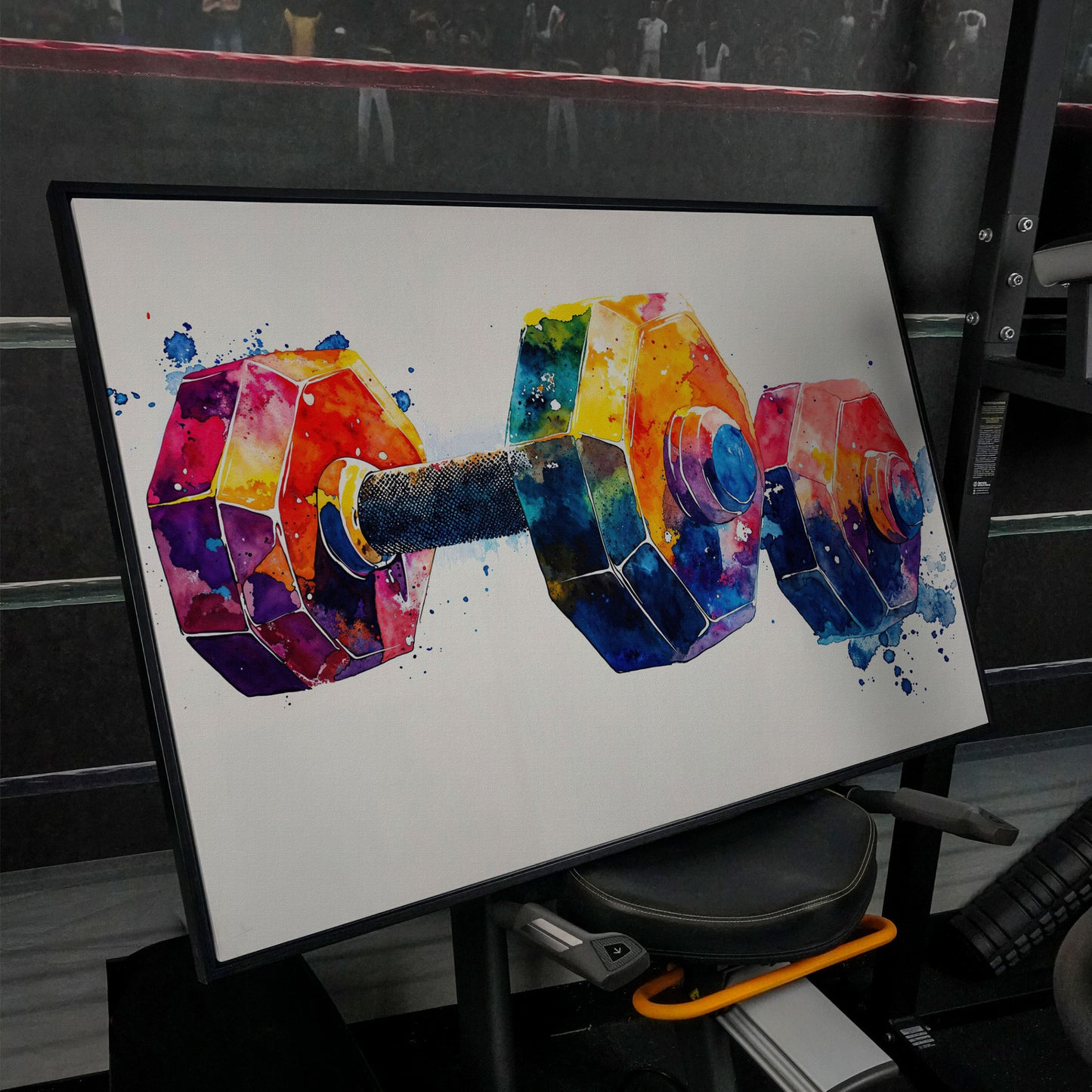 Abstract Dumbbell Canvas in Crimson and Teal in black floating frame