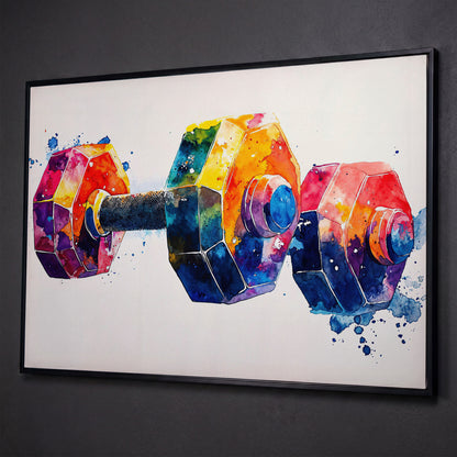 Abstract Dumbbell Canvas in Crimson and Teal shown in black floating frame