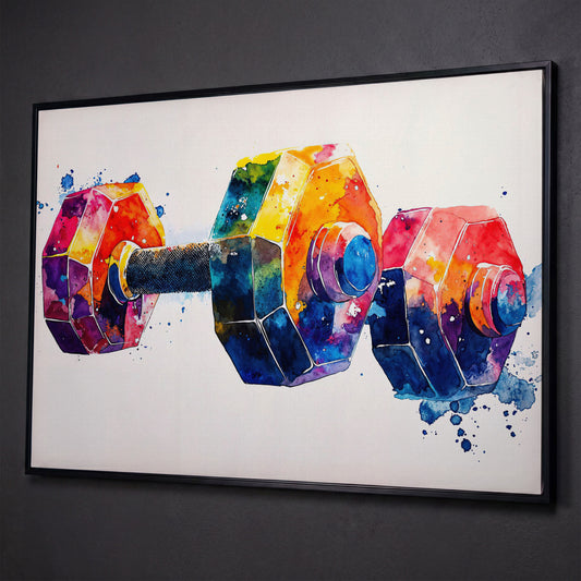 Abstract Dumbbell Canvas in Crimson and Teal shown in black floating frame
