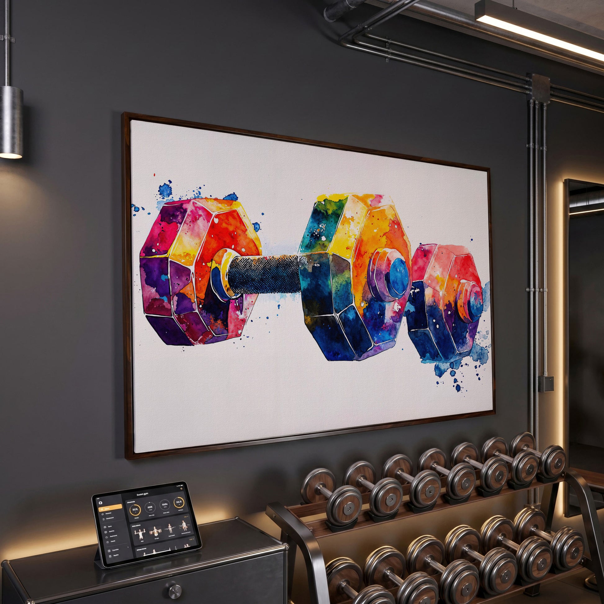Abstract Dumbbell Canvas in Crimson and Teal in dark walnut floating frame