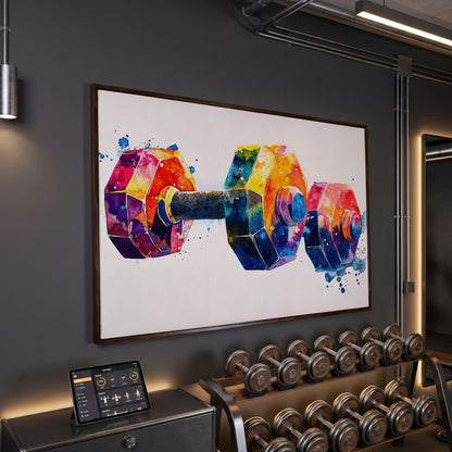 Abstract Dumbbell Canvas in Crimson and Teal in dark walnut floating frame