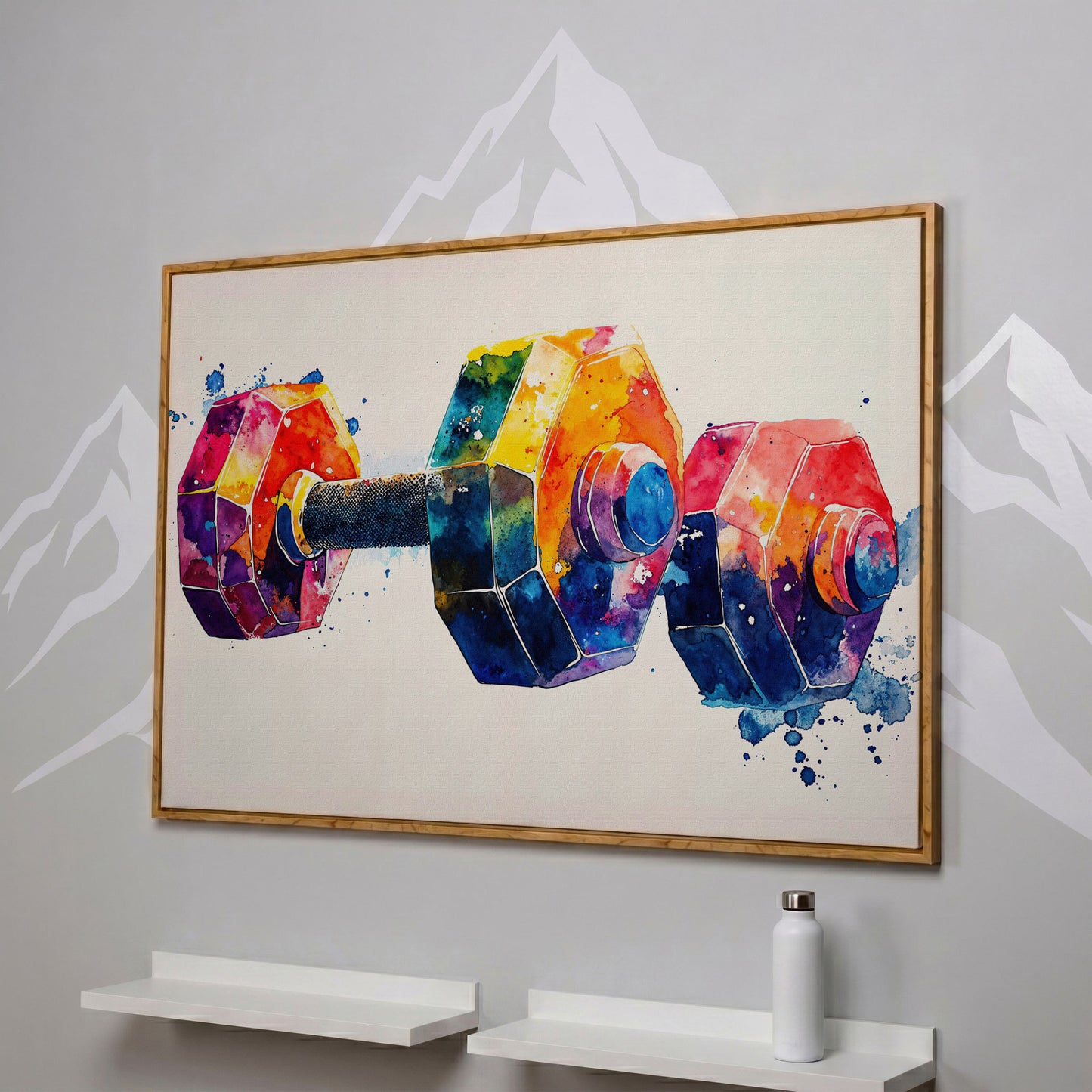 Abstract Dumbbell Canvas in Crimson and Teal in white oak floating frame