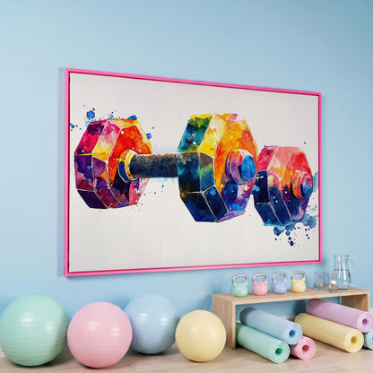 Abstract Dumbbell Canvas in Crimson and Teal in pink floating frame