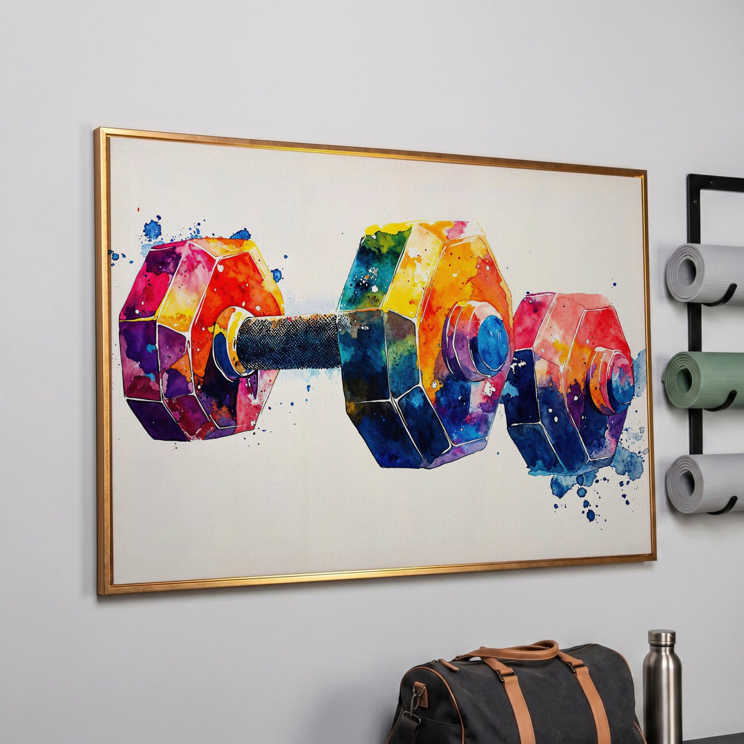 Abstract Dumbbell Canvas in Crimson and Teal in rose gold floating frame