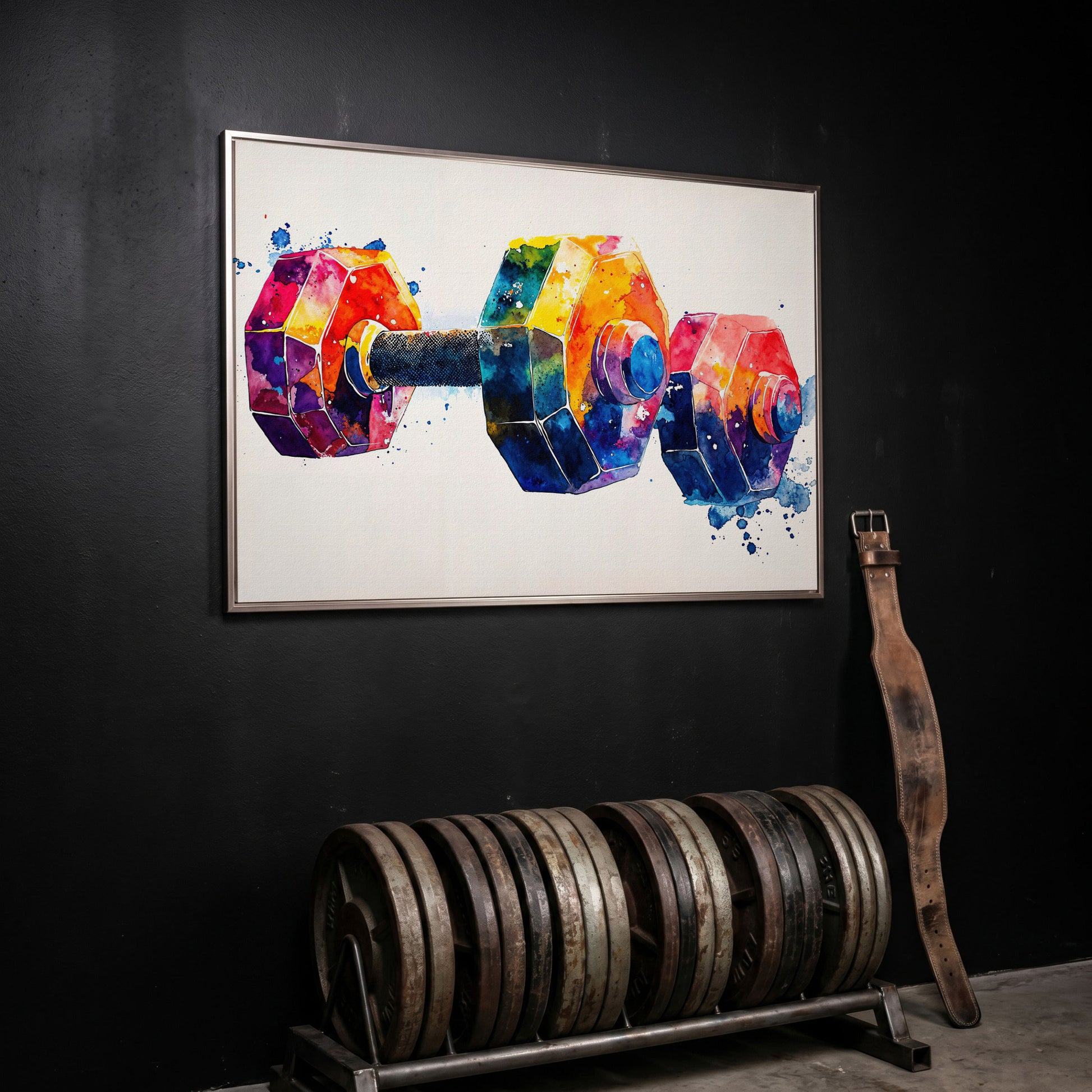 Abstract Dumbbell Canvas in Crimson and Teal in silver floating frame