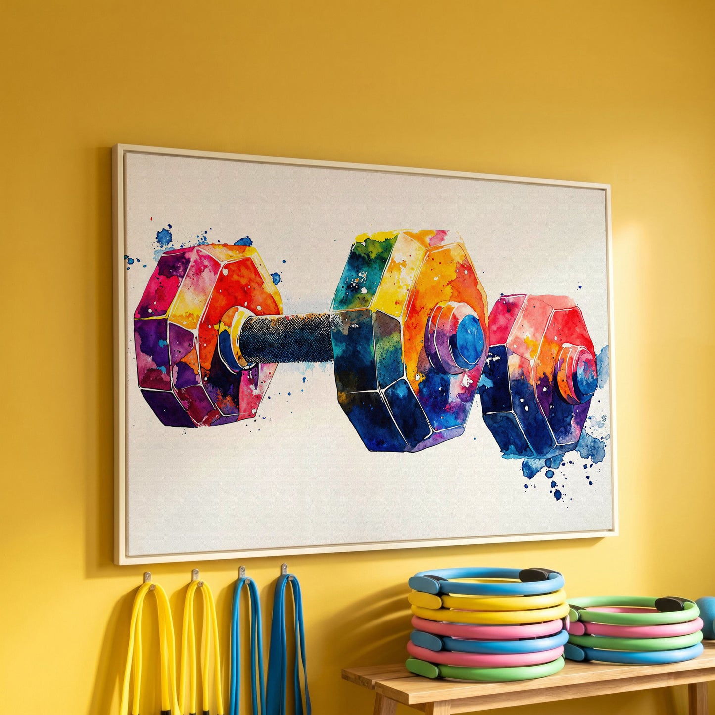 Abstract Dumbbell Canvas in Crimson and Teal in white floating frame