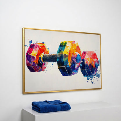 Abstract Dumbbell Canvas in Crimson and Teal in yellow gold floating frame