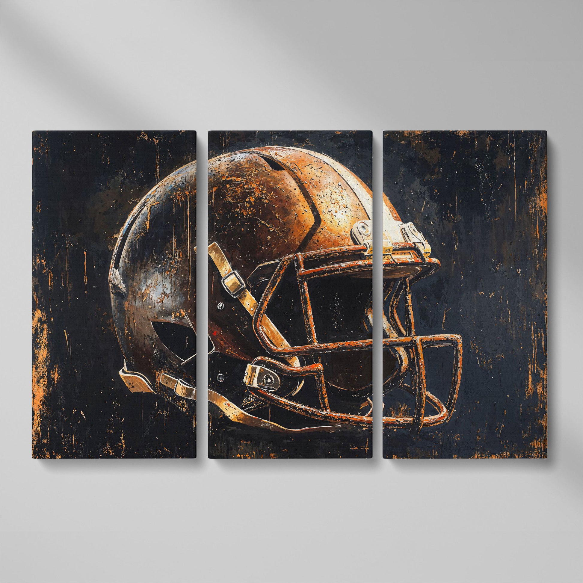 Vintage Football Helmet Canvas Print in Distressed Sienna as 3-panel split version