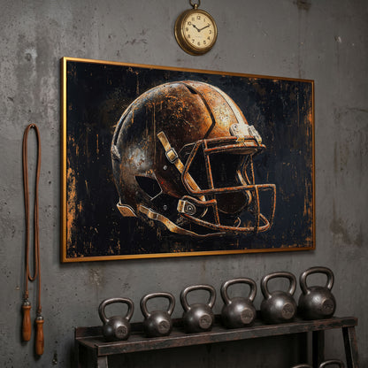 Vintage Football Helmet Canvas Print in Distressed Sienna in antique gold floating frame