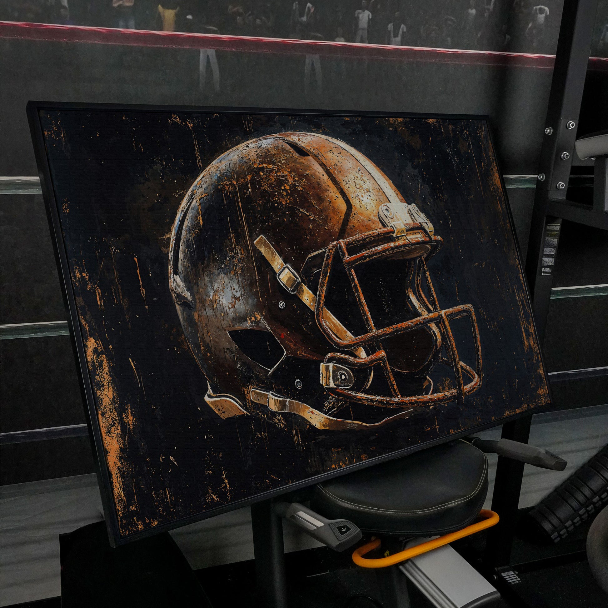 Vintage Football Helmet Canvas Print in Distressed Sienna in black floating frame