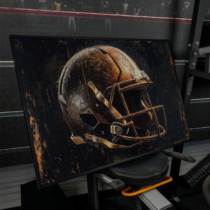 Vintage Football Helmet Canvas Print in Distressed Sienna in black floating frame