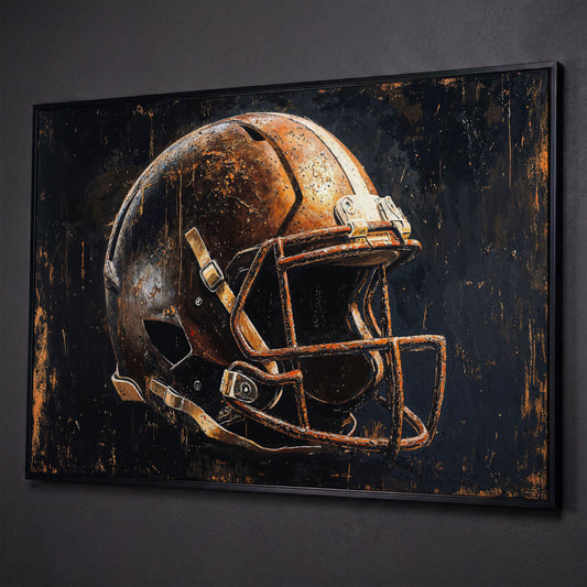 Vintage Football Helmet Canvas Print in Distressed Sienna shown in black floating frame