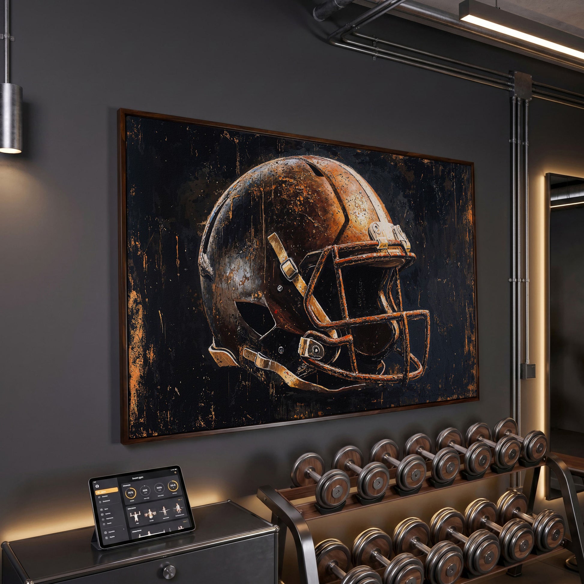 Vintage Football Helmet Canvas Print in Distressed Sienna in dark walnut floating frame