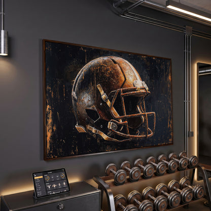 Vintage Football Helmet Canvas Print in Distressed Sienna in dark walnut floating frame