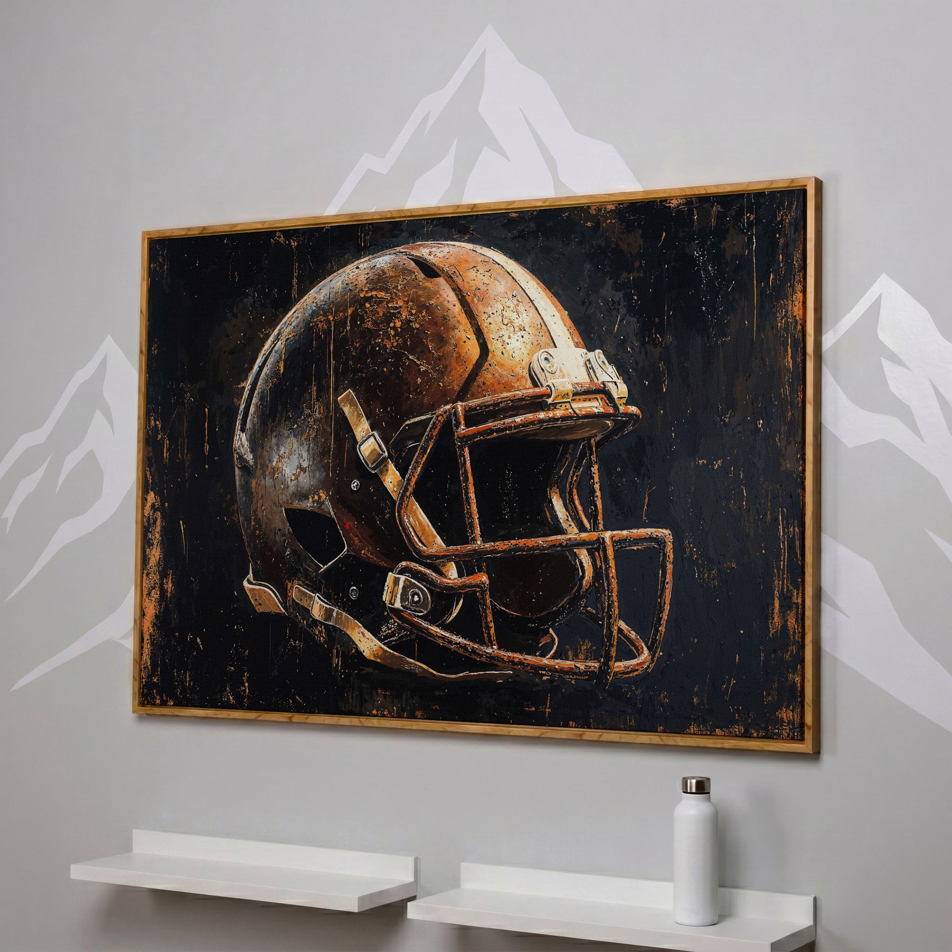 Vintage Football Helmet Canvas Print in Distressed Sienna in white oak floating frame