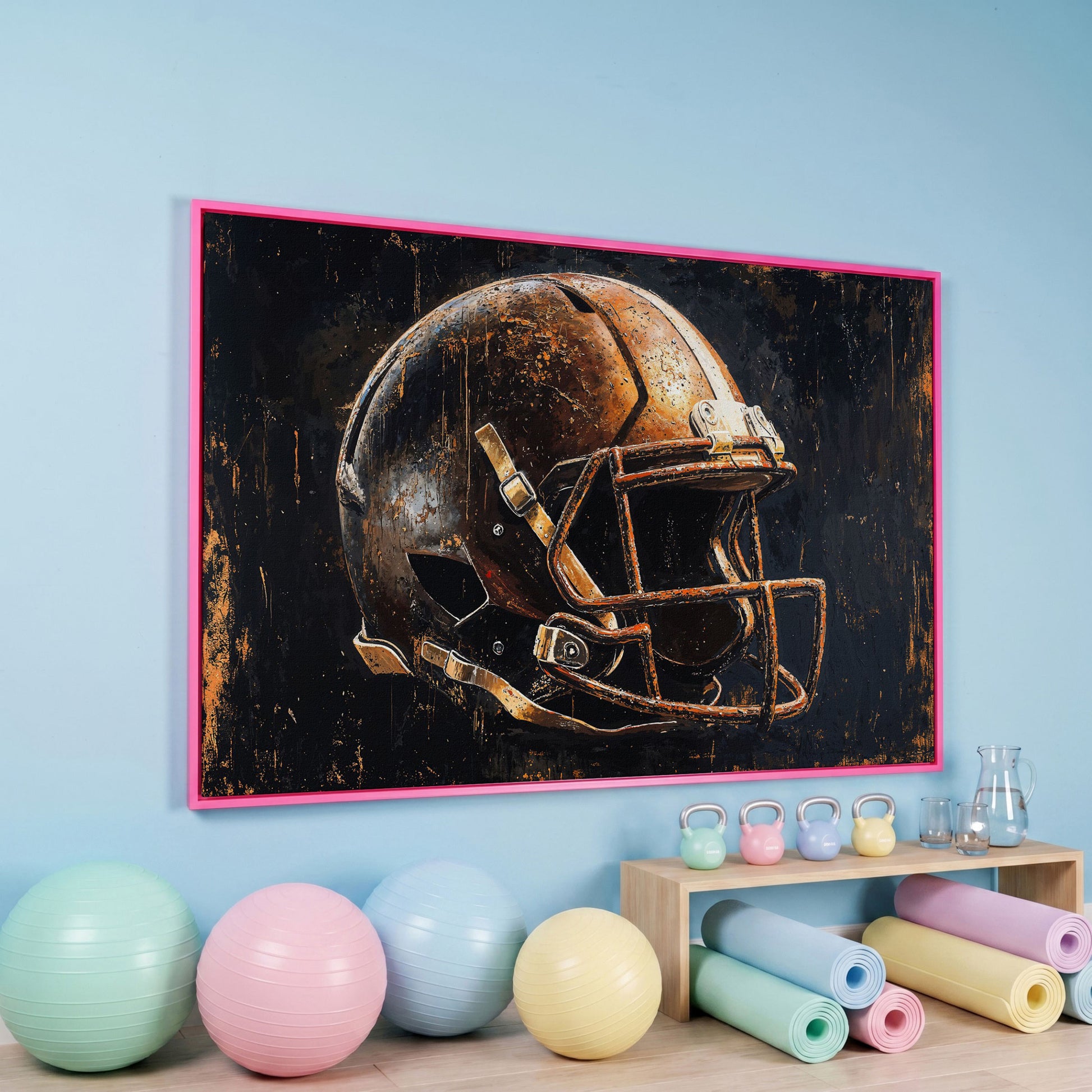 Vintage Football Helmet Canvas Print in Distressed Sienna in pink floating frame