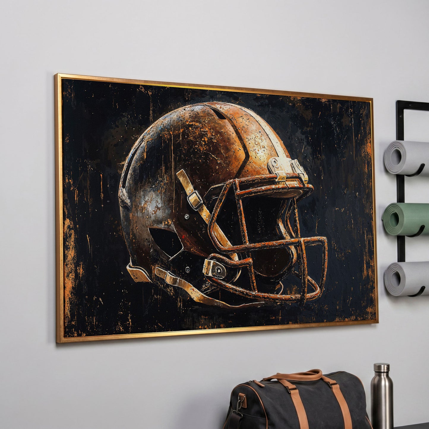 Vintage Football Helmet Canvas Print in Distressed Sienna in rose gold floating frame