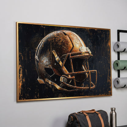 Vintage Football Helmet Canvas Print in Distressed Sienna in rose gold floating frame