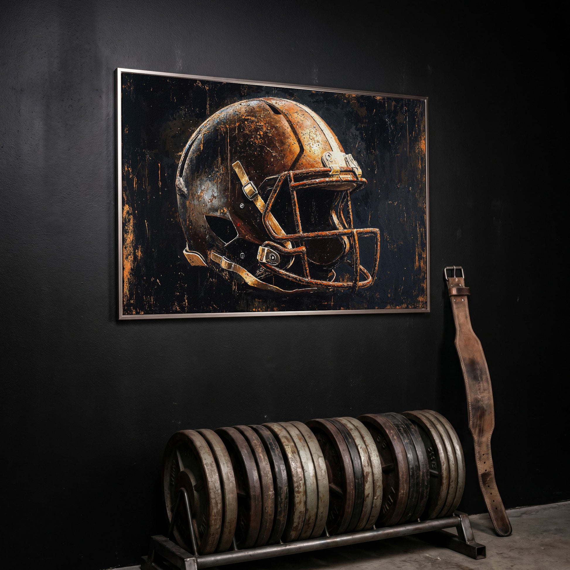 Vintage Football Helmet Canvas Print in Distressed Sienna in silver floating frame