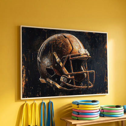 Vintage Football Helmet Canvas Print in Distressed Sienna in white floating frame