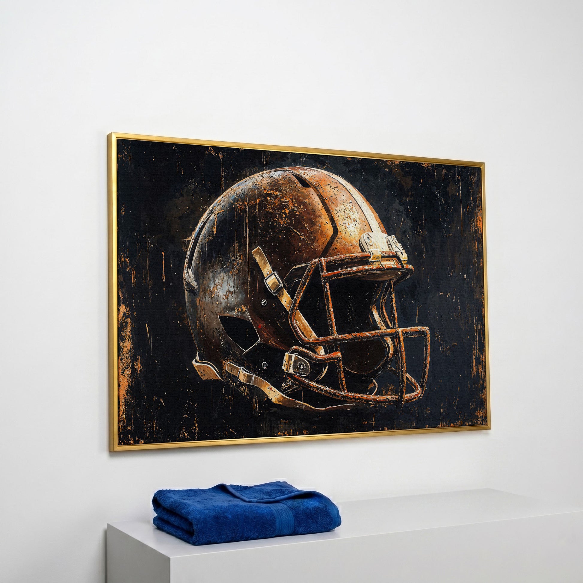 Vintage Football Helmet Canvas Print in Distressed Sienna in yellow gold floating frame