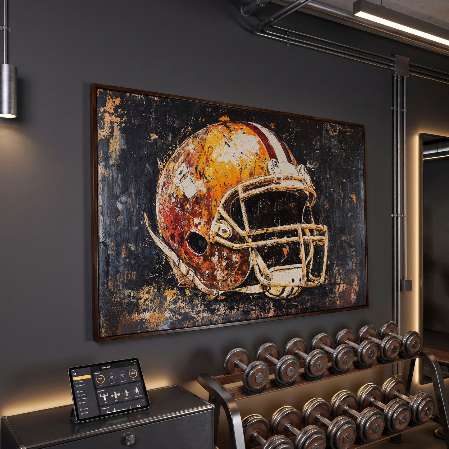 Football Helmet Abstract Sports Canvas in dark walnut floating frame