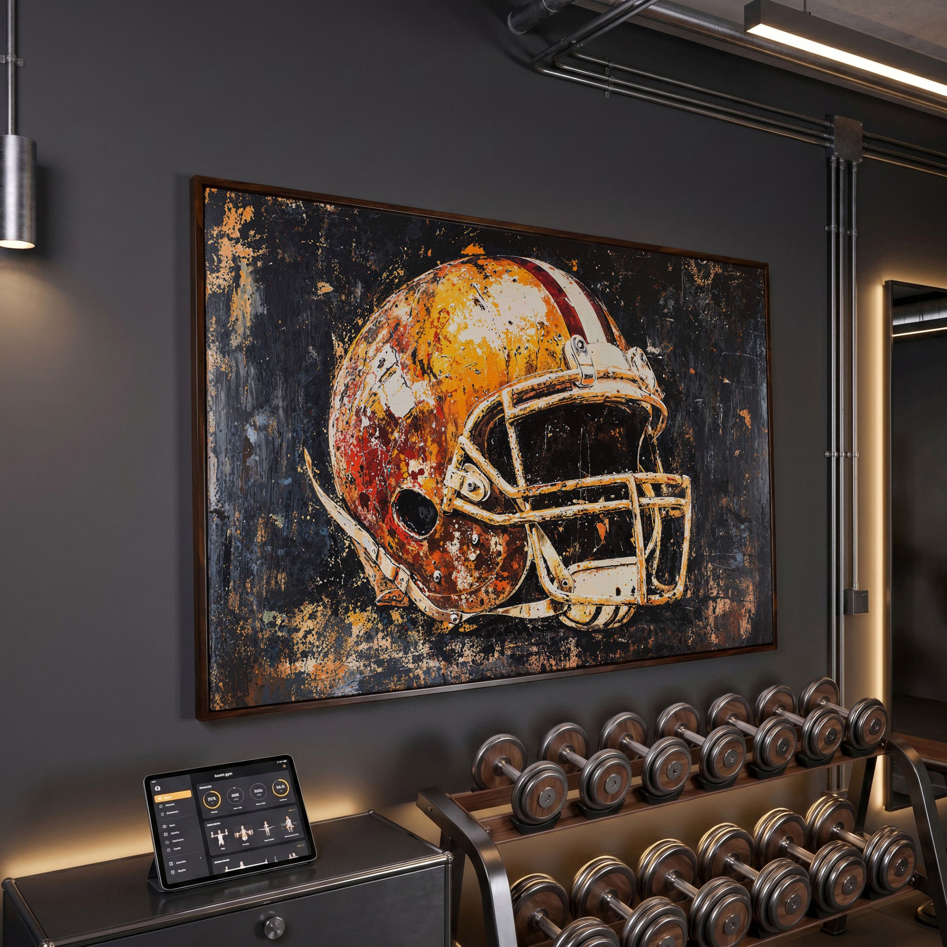 Football Helmet Abstract Sports Canvas in dark walnut floating frame