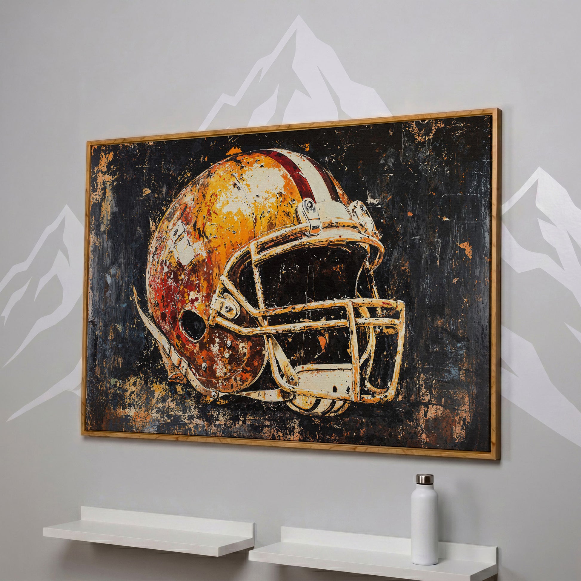 Football Helmet Abstract Sports Canvas in white oak floating frame