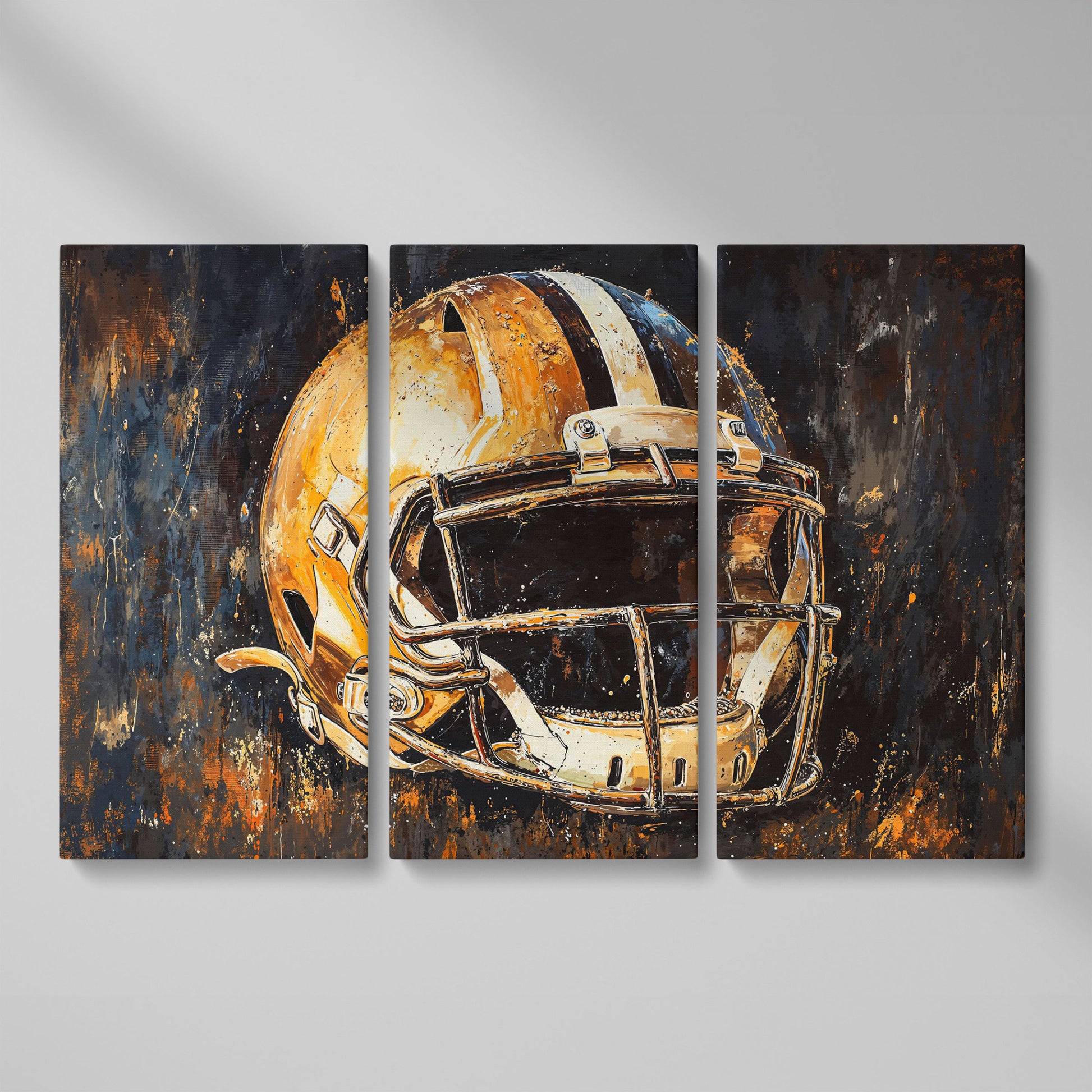 Football Helmet Canvas Wall Art in Burnt Umber & Slate as 3-panel split version