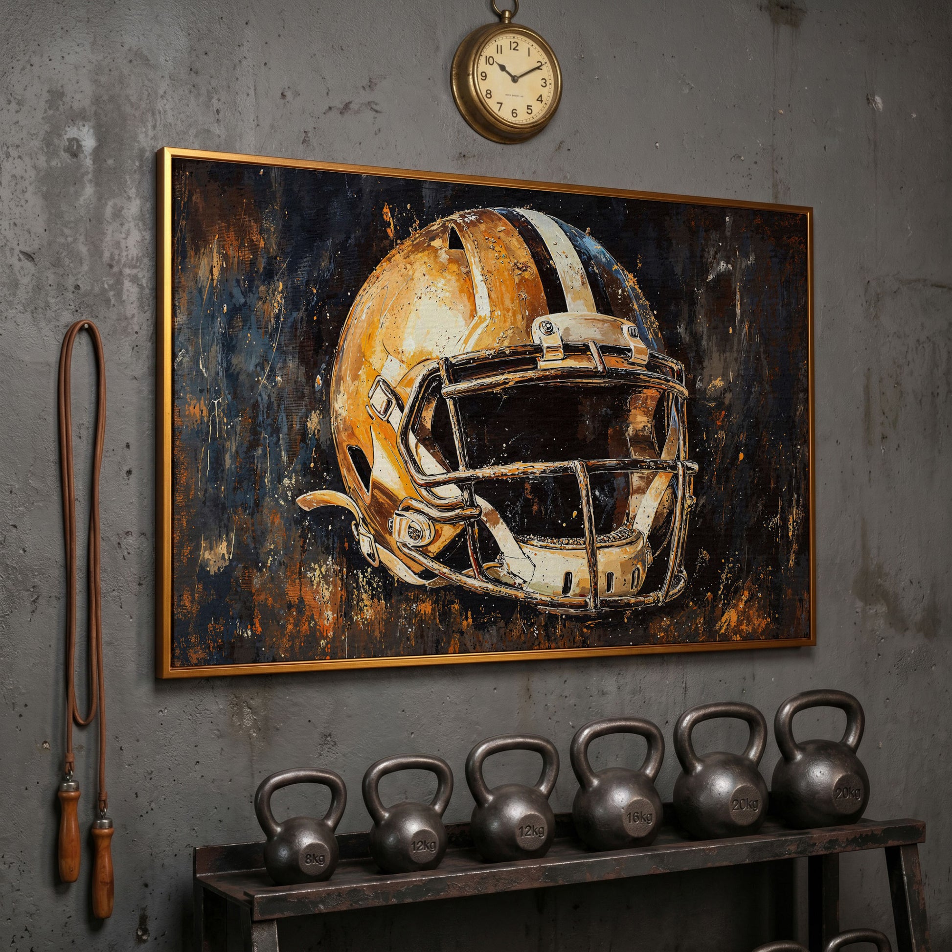 Football Helmet Canvas Wall Art in Burnt Umber & Slate in antique gold floating frame