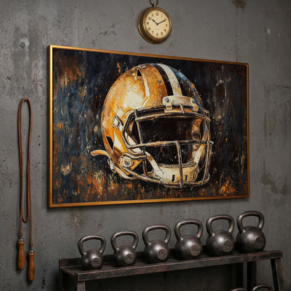 Football Helmet Canvas Wall Art in Burnt Umber & Slate in antique gold floating frame