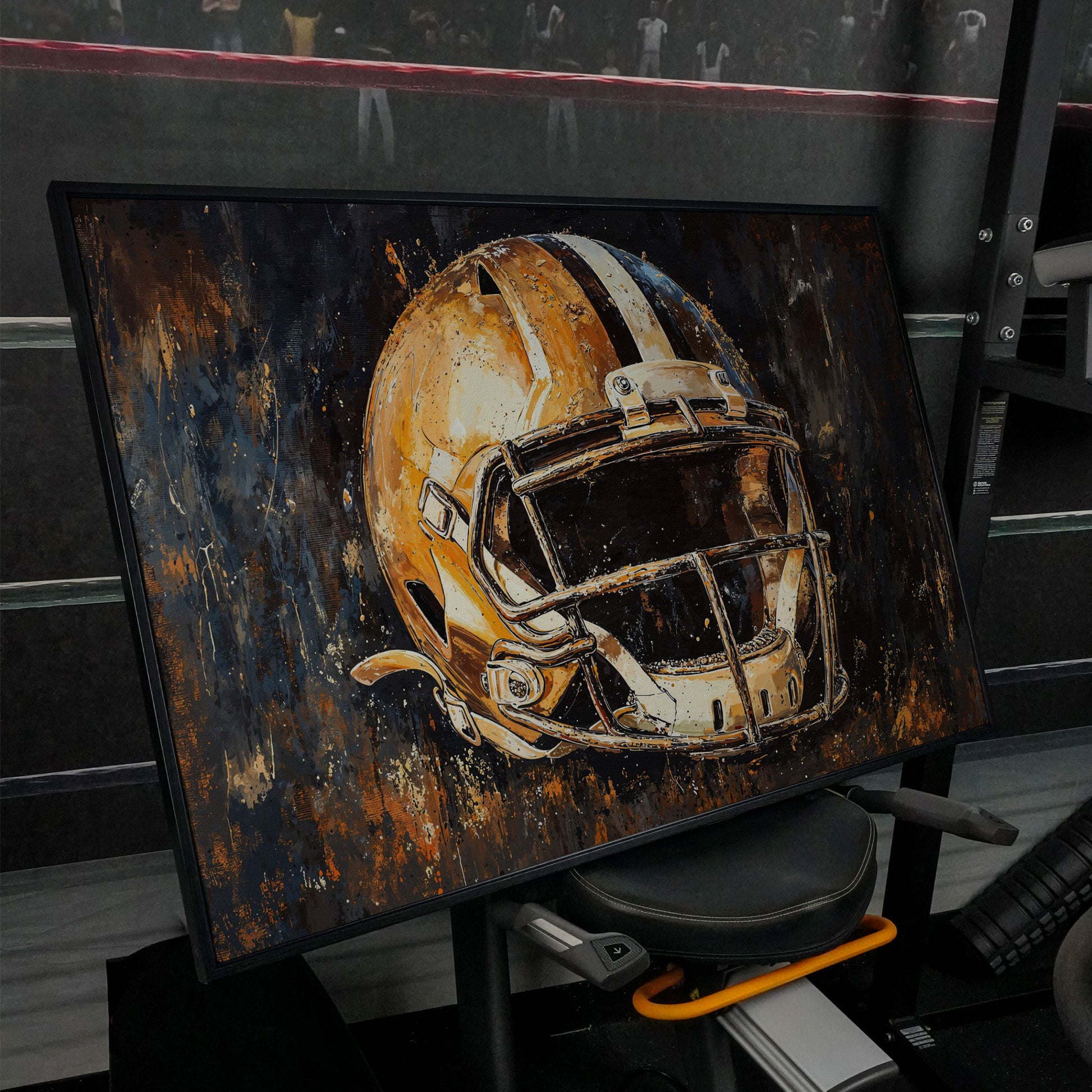 Football Helmet Canvas Wall Art in Burnt Umber & Slate in black floating frame