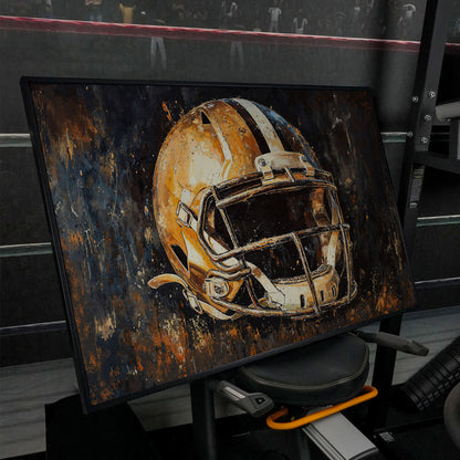 Football Helmet Canvas Wall Art in Burnt Umber & Slate in black floating frame