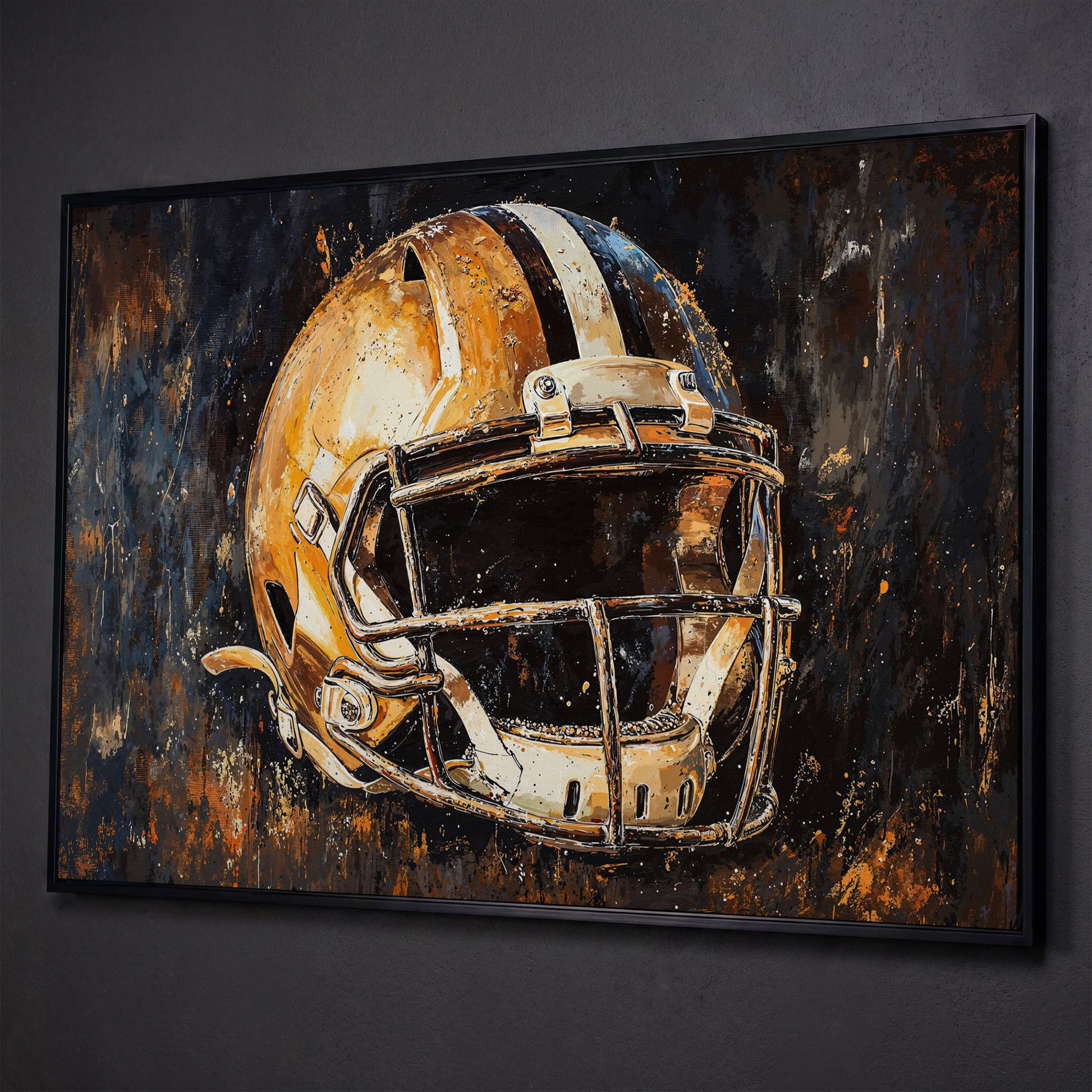 Football Helmet Canvas Wall Art in Burnt Umber & Slate shown in black floating frame