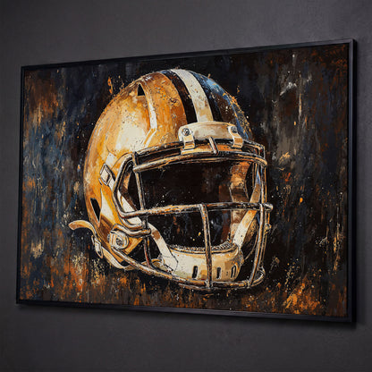 Football Helmet Canvas Wall Art in Burnt Umber & Slate shown in black floating frame