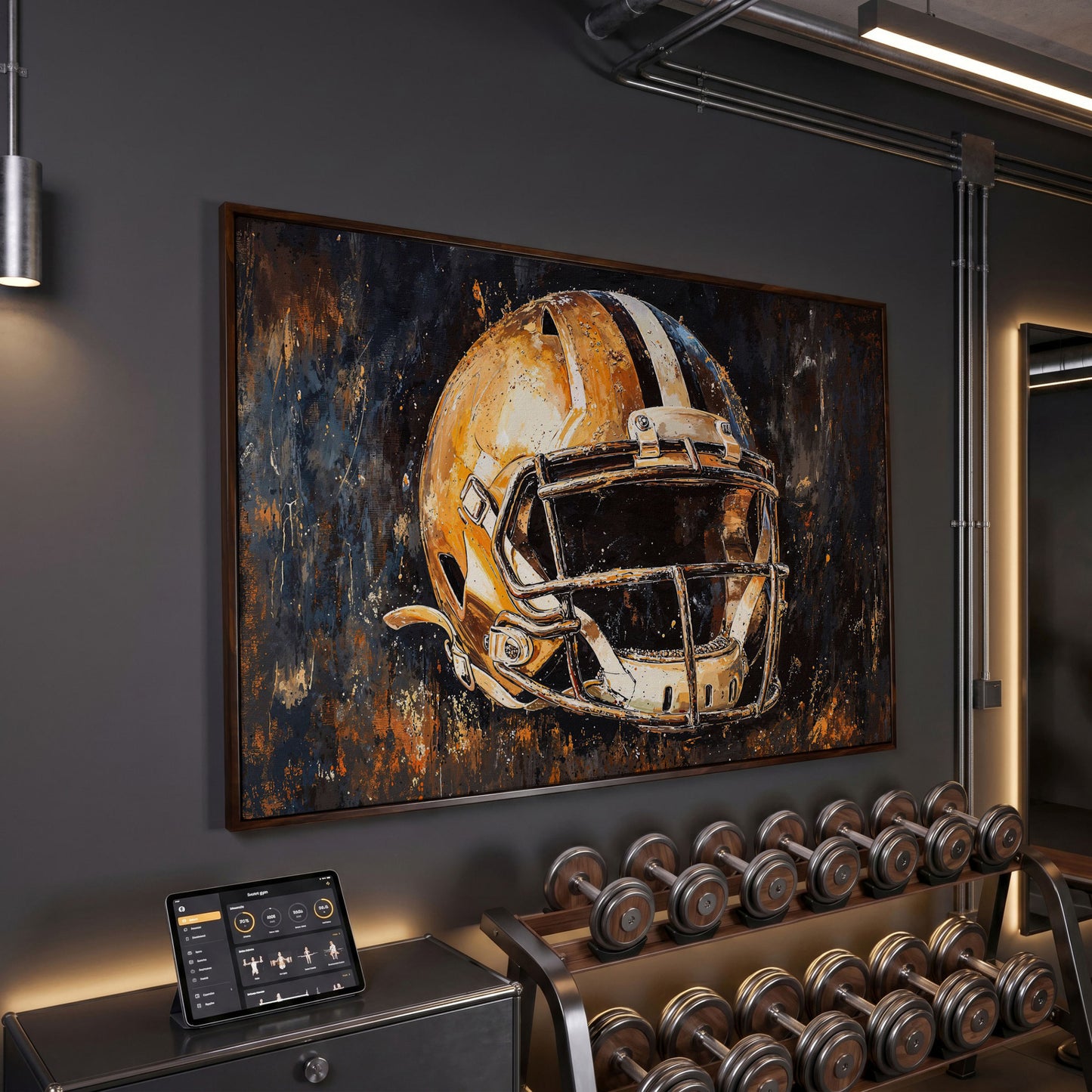 Football Helmet Canvas Wall Art in Burnt Umber & Slate in dark walnut floating frame