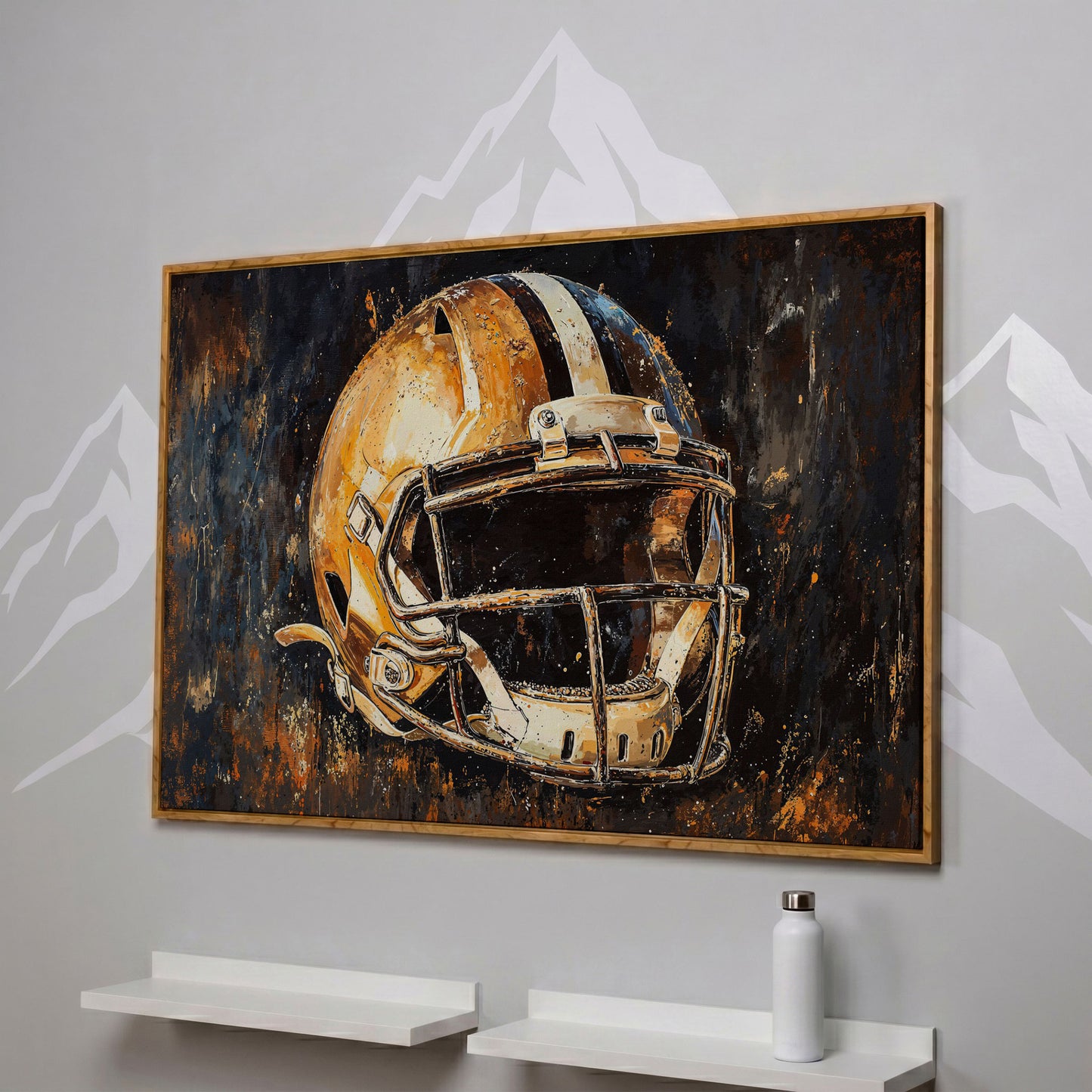 Football Helmet Canvas Wall Art in Burnt Umber & Slate in white oak floating frame