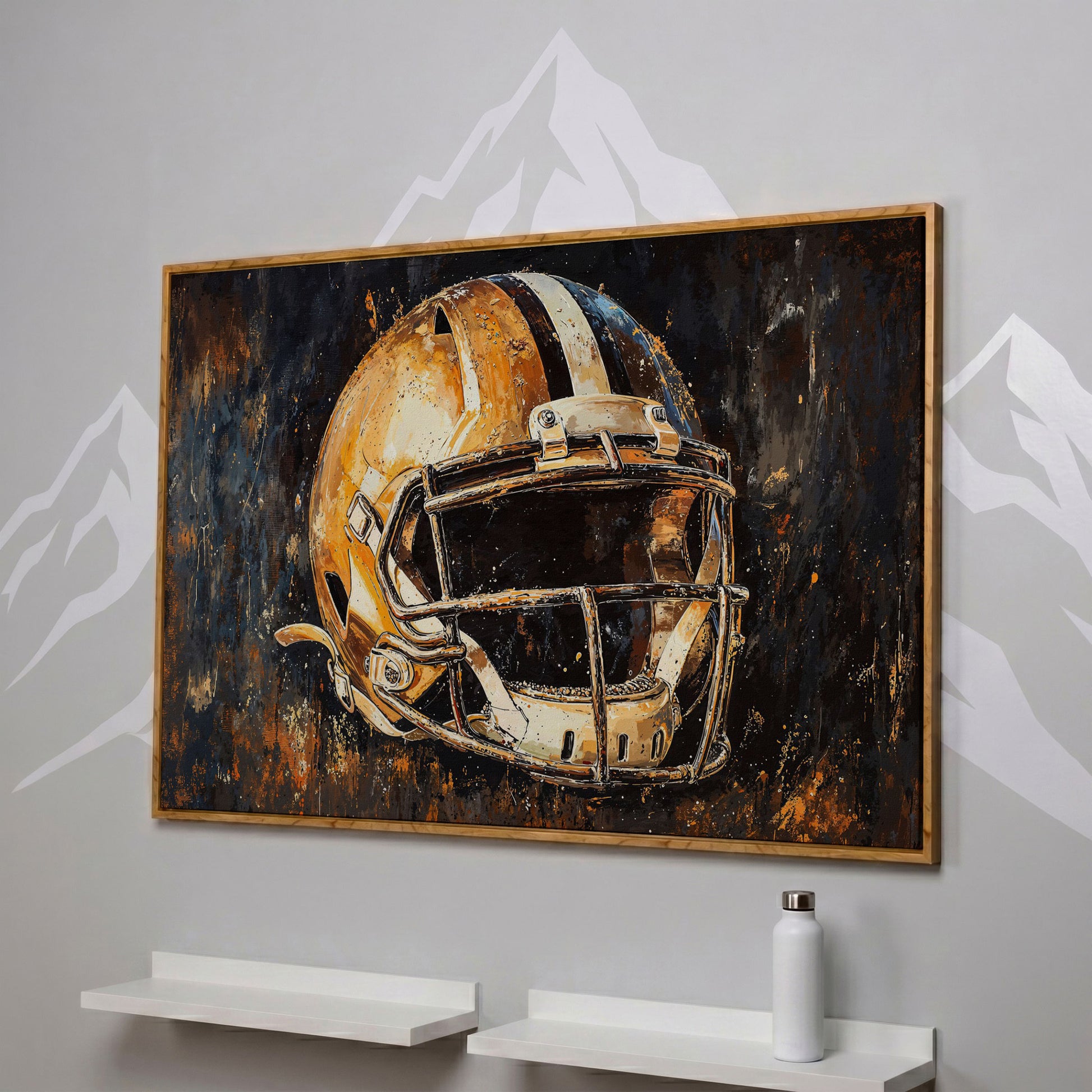 Football Helmet Canvas Wall Art in Burnt Umber & Slate in white oak floating frame
